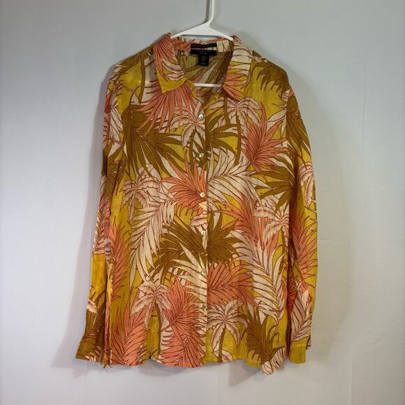 Tahari 100% Linen Yellow, Green, Cream Tropical Leaf Print Shirt Size XL X0479 - Picture 1 of 9